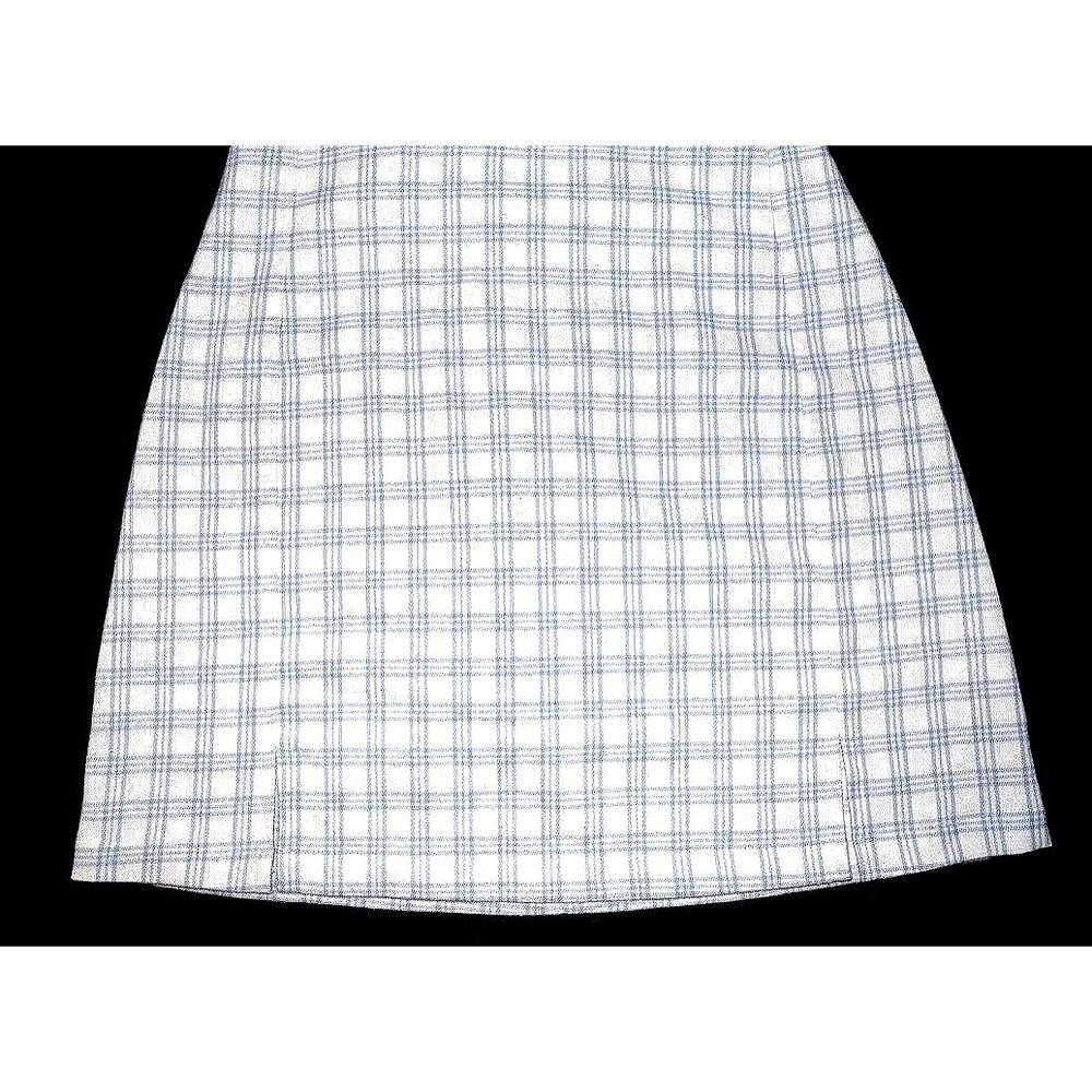 EUC BRANDY MELVILLE WOMENS WHITE LIGHT BLUE Plaid M-Slit Mini Skirt SIZE OS